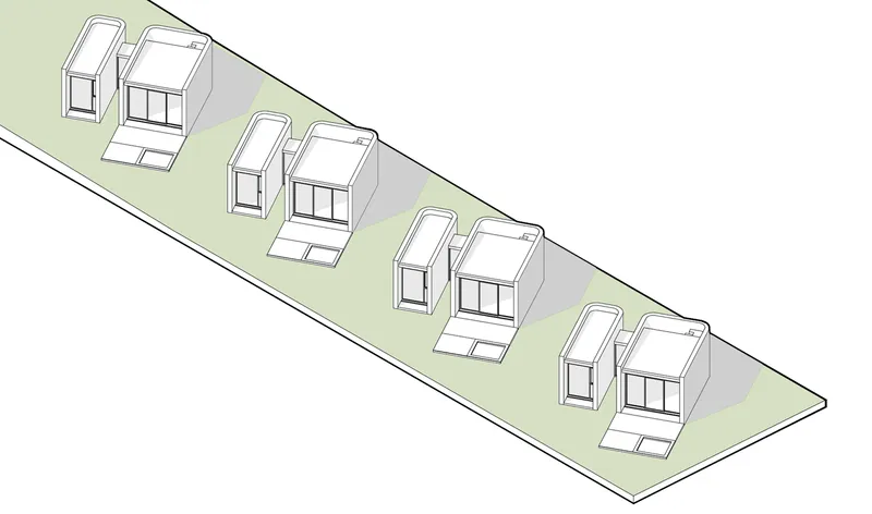 Isometric view showing four paired dwelling units with their shadows cast on the sloping terrain