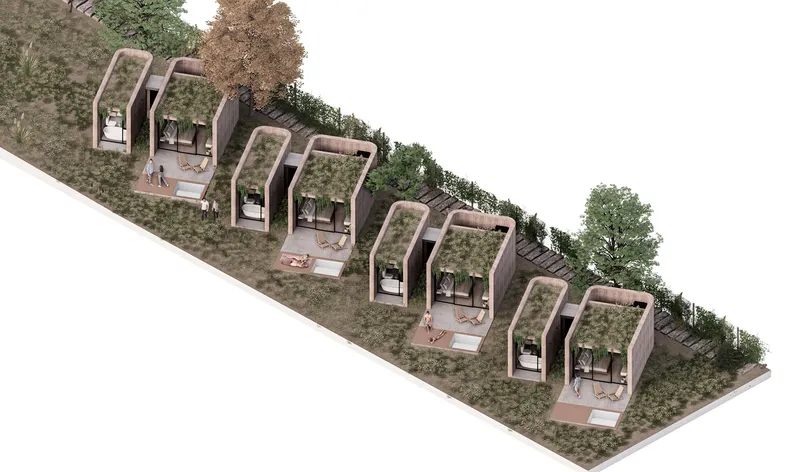 Axonometric view of terraced housing units with planted roofs cascading down a slope among trees