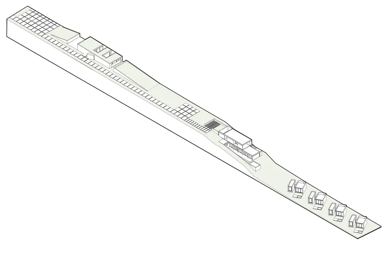 Axonometric line drawing showing a linear site with residential units at one end and open structure above