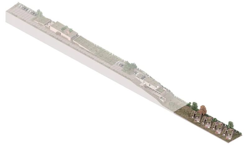 Axonometric rendering of the sloped site with housing cluster and planted landscape along the length
