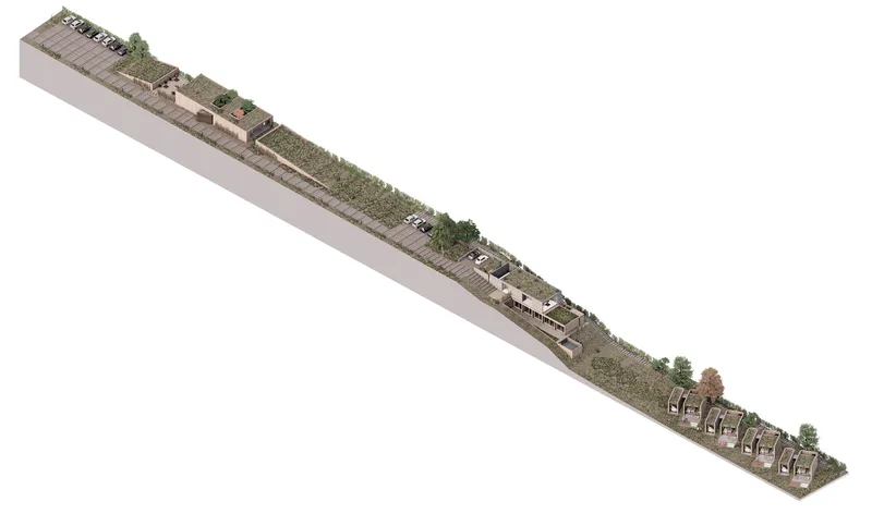 Axonometric view showing the full linear site from housing units through landscaped slope to upper terrace