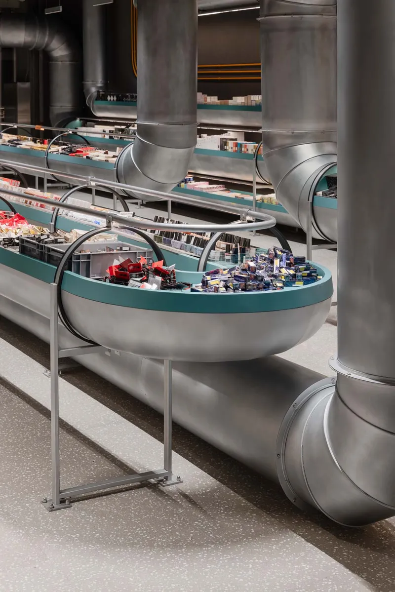 The image showcases an innovative retail space featuring a complex conveyor belt system for product display. The design incorporates industrial elements like me