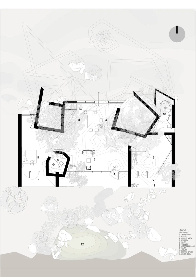 Floor plan drawing showing four angled volumes arranged around a central living space with surrounding landscape