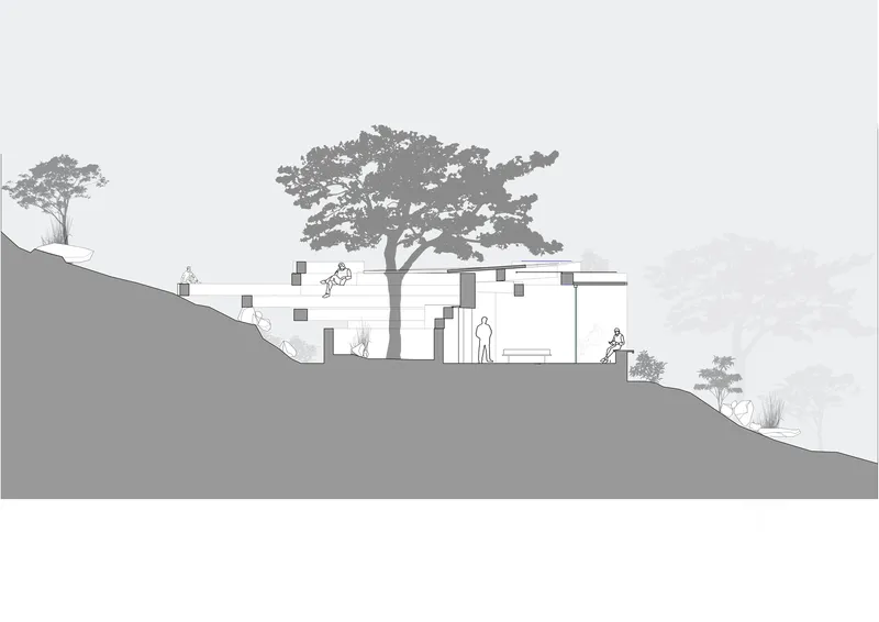 Section drawing depicting volumes embedded in sloping terrain beneath mature trees