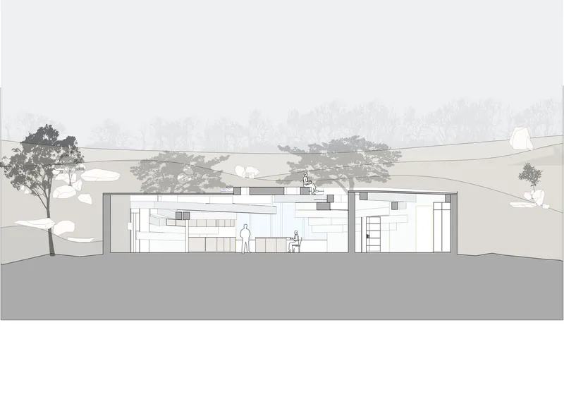 Section drawing showing interior spaces with bookshelves and figures set into hillside topography