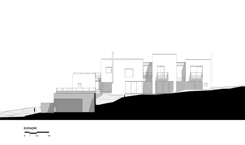 Elevation drawing depicting white stucco volumes with balconies stepping down a hillside