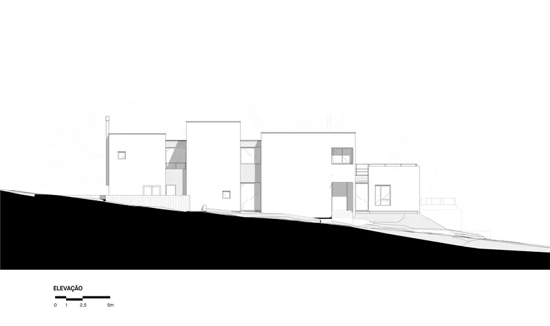 Elevation drawing showing flat-roofed volumes arranged along a descending terrain