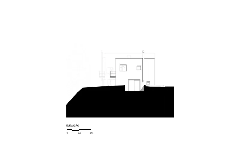 Elevation drawing of a two-story white volume with square windows atop a dark plinth