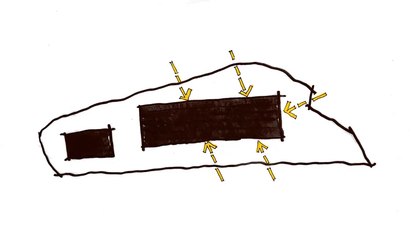 Section diagram showing yellow arrows indicating natural ventilation flow through and over built volumes