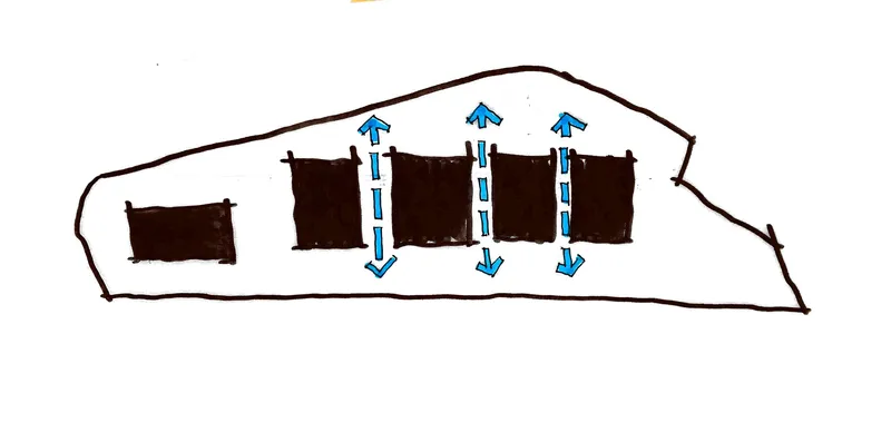 Section diagram with blue arrows illustrating passive cooling strategies through vertical air movement