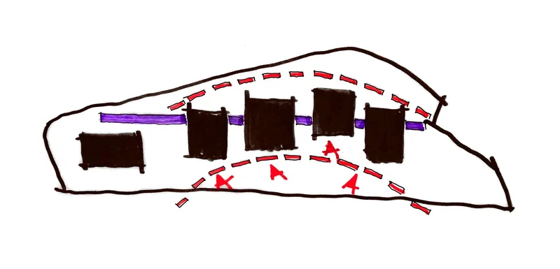 Section diagram depicting circulation paths and movement patterns with red dashed lines and purple connector