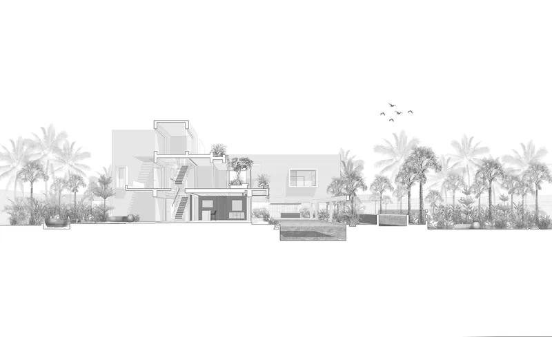 Elevation drawing depicting clustered volumes with outdoor stairs and a dense palm grove