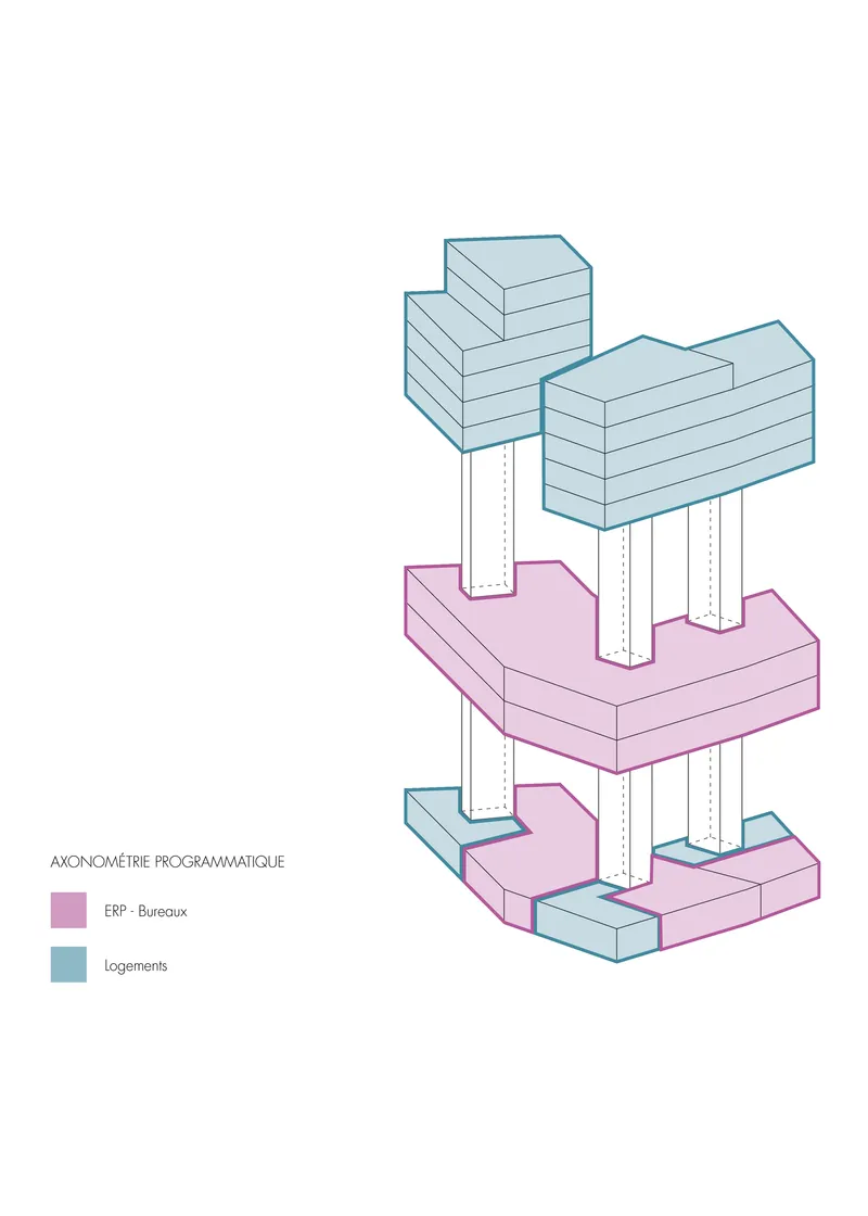 Axonometric diagram showing stacked volumes with residential units in blue and office floors in pink