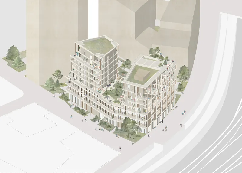 Aerial perspective rendering of the mixed-use complex with rooftop gardens and street-level trees