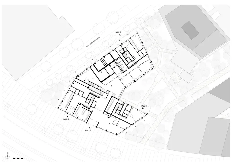 Ground floor plan drawing depicting multiple halls arranged around a central circulation space