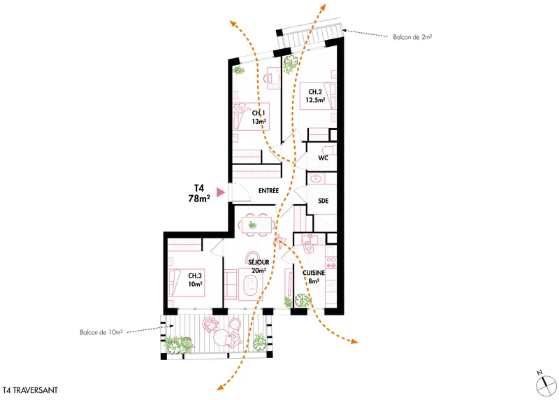 Unit floor plan drawing showing three bedrooms organized around a central entry and living space