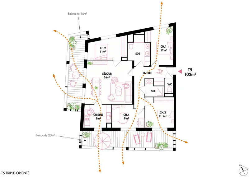 Floor plan drawing showing a triple-oriented apartment with four bedrooms, living areas, and two balconies with planted edges