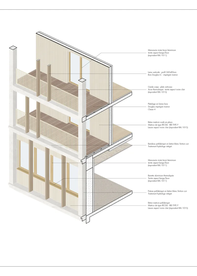 Axonometric section drawing revealing the three-story timber structure with balconies, floor slabs, and vertical cladding