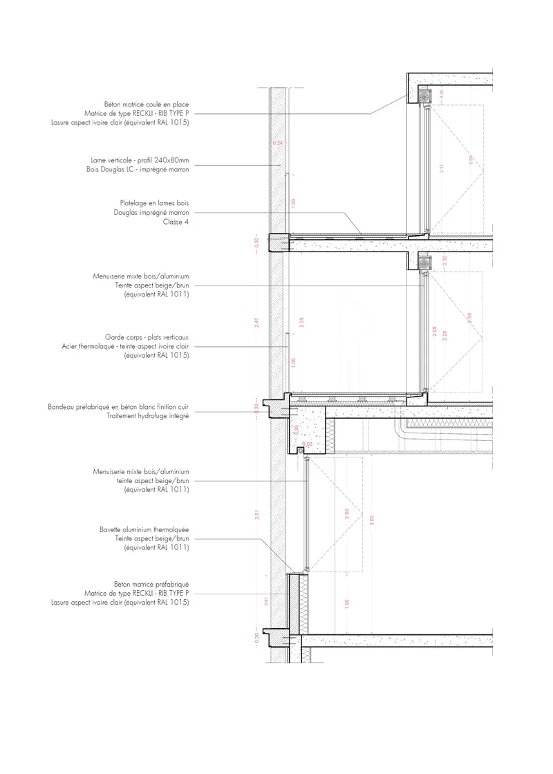 Wall section drawing detailing the timber framing, aluminum windows, cladding layers, and floor assembly connections