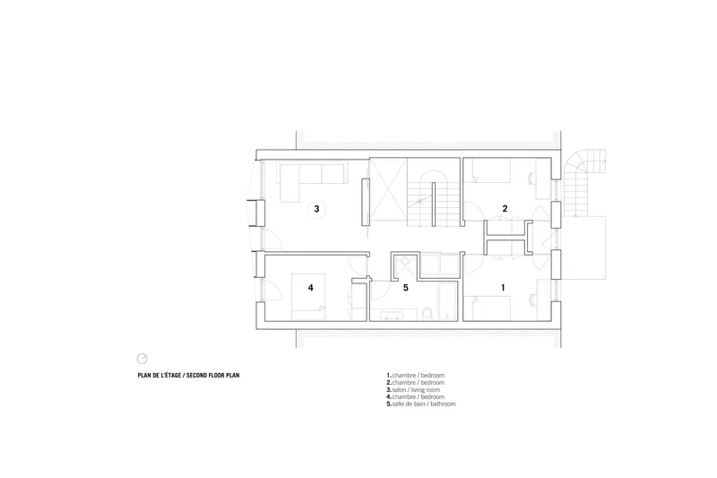 Second floor plan drawing showing bedrooms, bathrooms, and central stairwell with numbered room labels