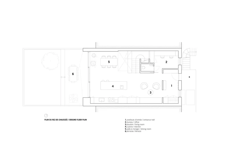 Ground floor plan drawing showing an open layout with kitchen, dining room, and terrace