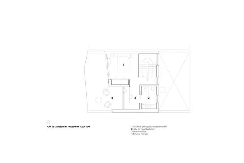Mezzanine floor plan drawing showing master bedroom, bathroom, and terrace spaces