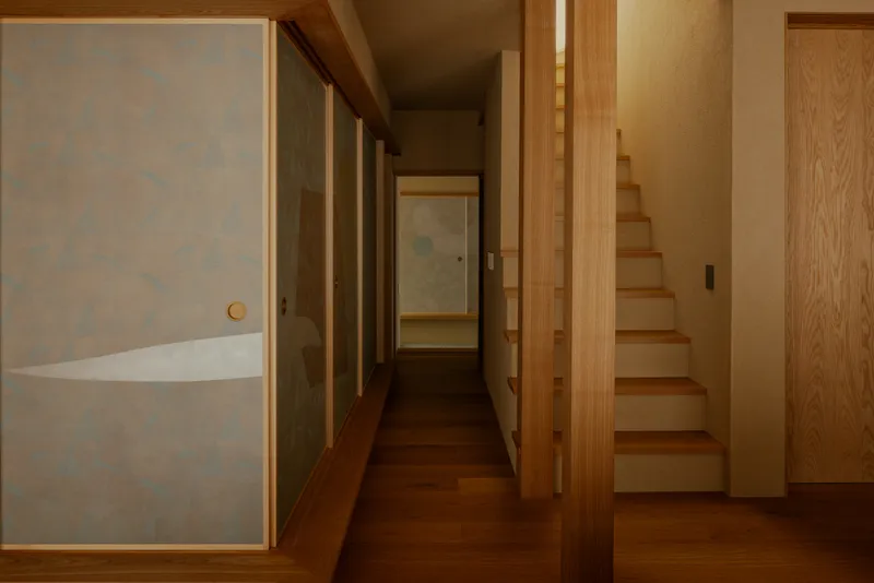 Hallway view showing translucent sliding panels, timber staircase, and wooden flooring