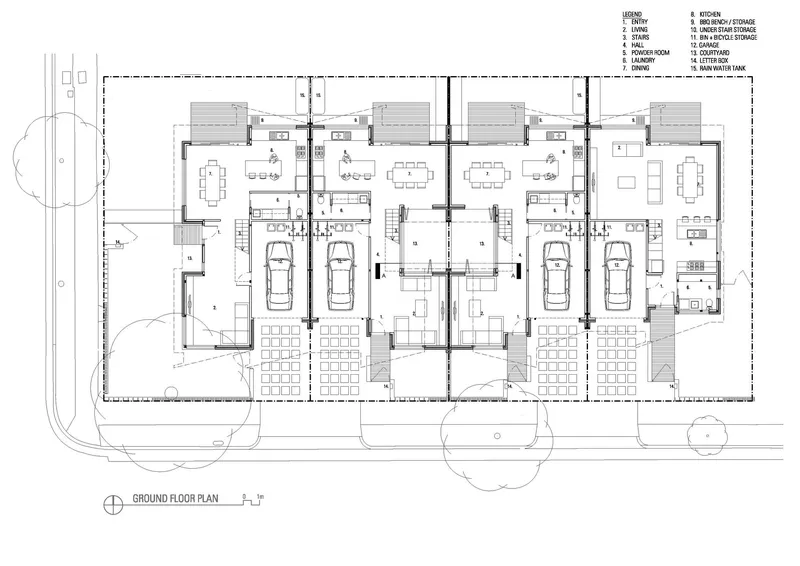 Ground floor plan drawing showing four attached units with garages, living areas, and rear courtyards
