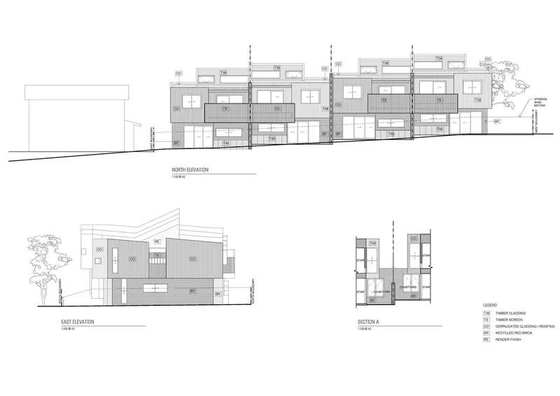 Elevation and section drawings showing a multi-unit residential building with staggered rooflines and planted screening