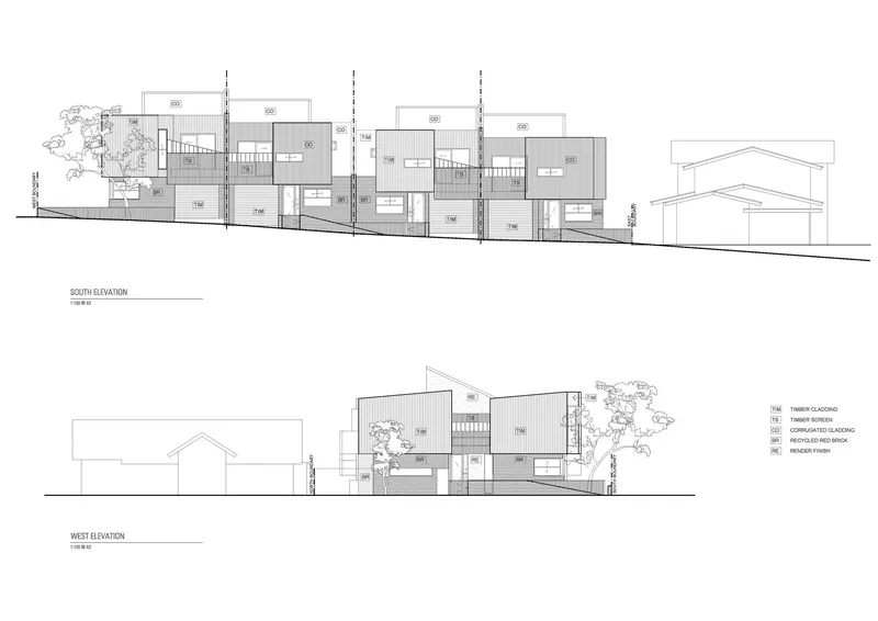 South and west elevation drawings depicting residential volumes with varied roof forms and adjacent trees