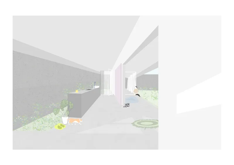 Interior perspective showing open living spaces with concrete walls and views to planted courtyards
