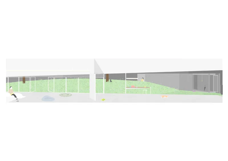 Section drawing revealing interior volumes with glazed openings facing garden and pool areas