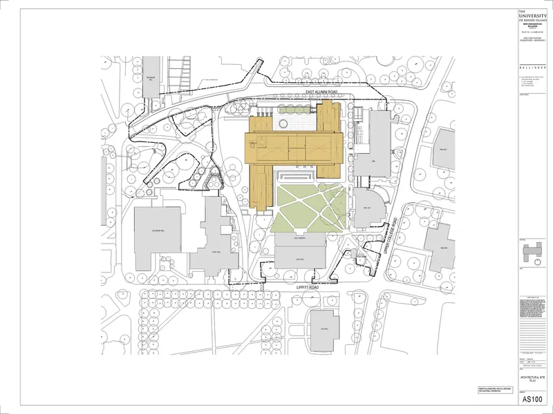 Site plan drawing showing the central building cluster with courtyard and surrounding pathways and trees