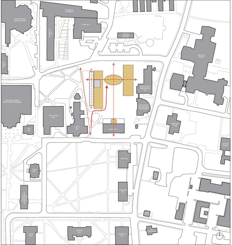 Site plan drawing with red arrows indicating pedestrian circulation paths between highlighted building volumes