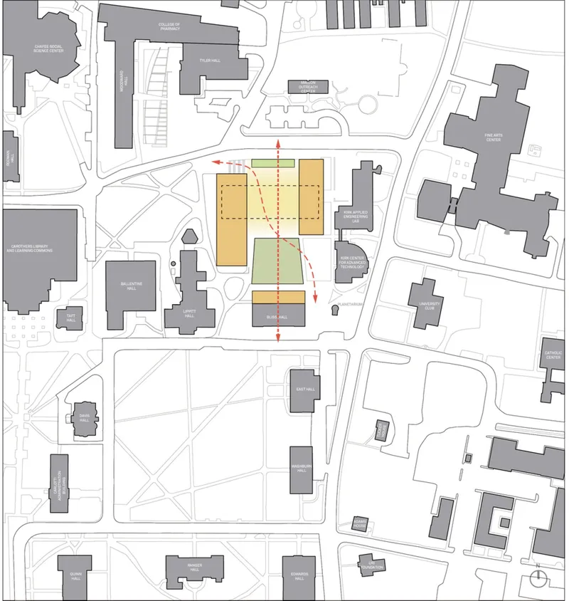 Site plan drawing with dashed lines showing visual axes and connections through the courtyard space