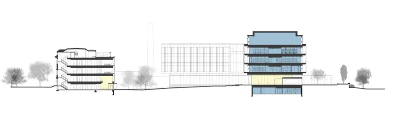 Section drawing showing two multi-story volumes flanking a central transparent block with trees in silhouette