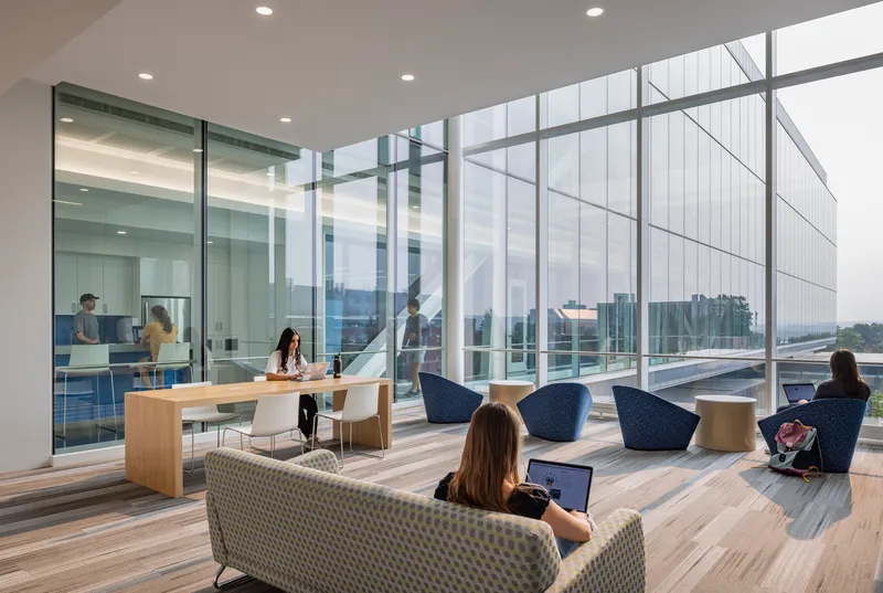 Collaborative lounge with wood flooring and full-height glazing overlooking translucent facade panels