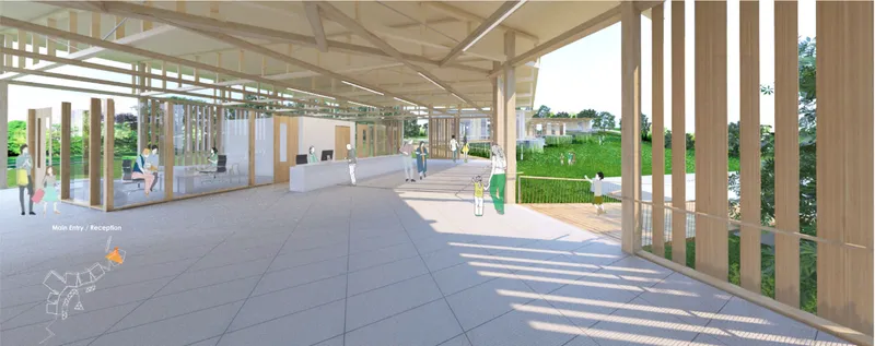 Biophilic circulation corridor framed by timber structures and panoramic green views.
