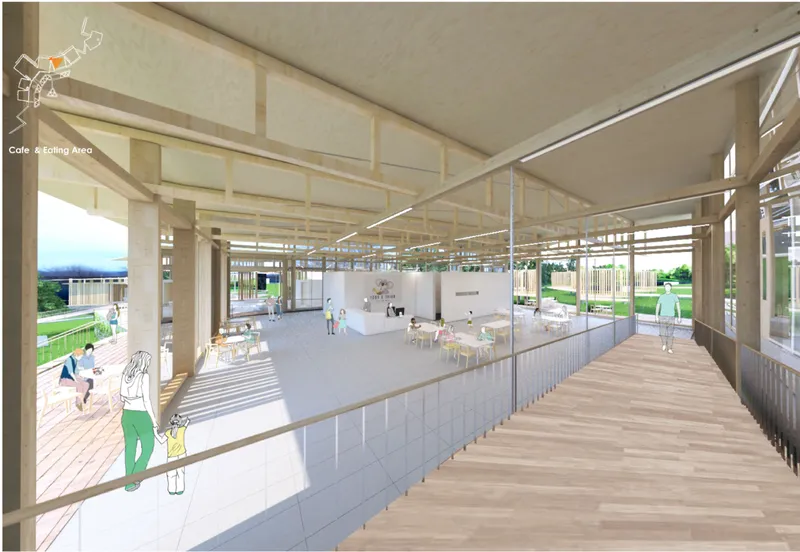 Community café space integrating sustainable architecture with outdoor gathering areas.