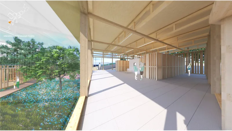 Light-filled rehabilitation interiors overlooking native landscape restoration zones.