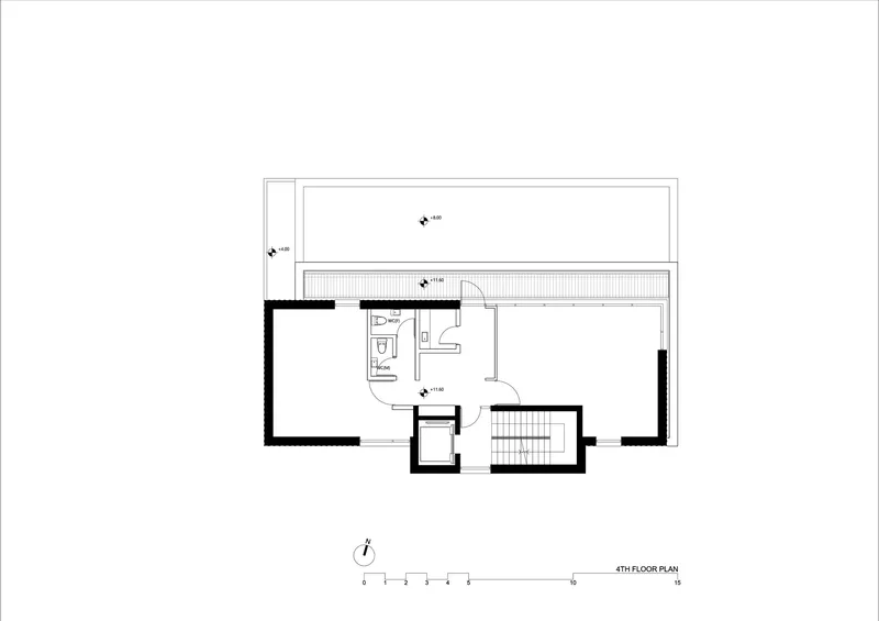 Fourth floor plan showing upper bedroom suite with bathroom and rooftop terrace