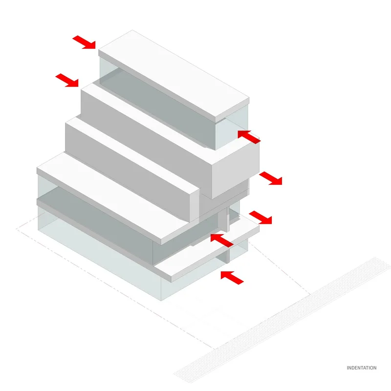 Axonometric diagram with red arrows indicating offsets between stacked floor plates