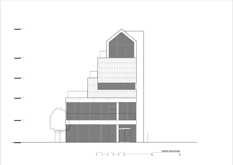 Front elevation drawing showing a terraced facade with a gabled penthouse and adjacent tree