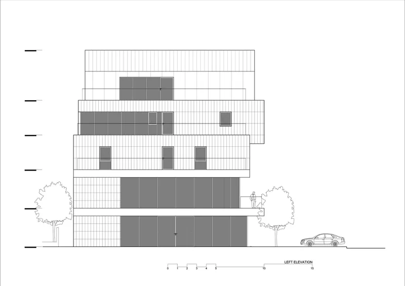 Left elevation drawing showing stacked volumes with ribbon windows and flanking trees and car