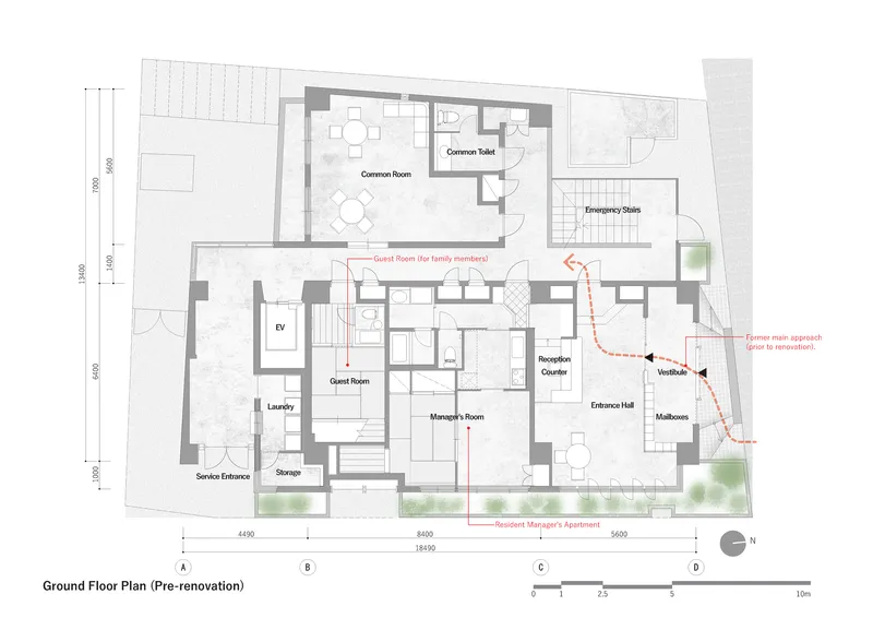 Ground floor plan drawing showing common room, guest room, laundry, and manager's apartment before renovation