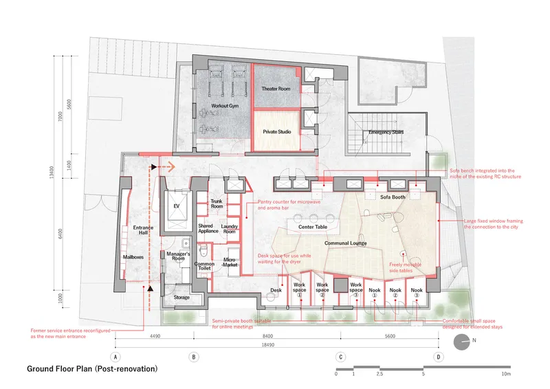 Ground floor plan drawing showing theater room, workout gym, communal lounge, and work nooks after renovation