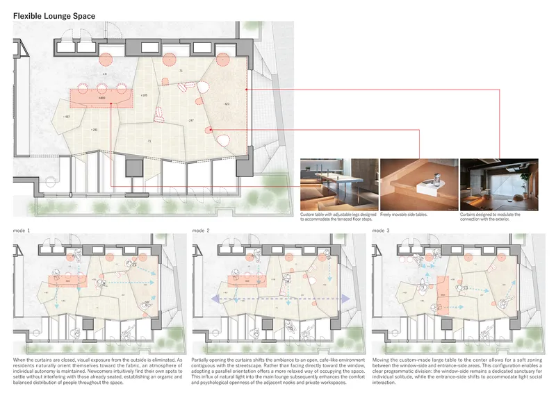 Plan and section diagrams illustrating three furniture configurations for a flexible lounge space with movable tables