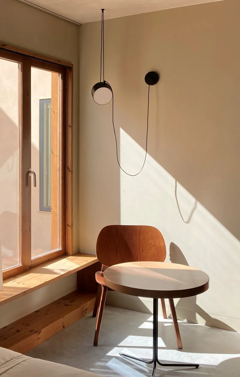 Corner seating nook with pendant light casting diagonal shadows across plaster walls in afternoon sun