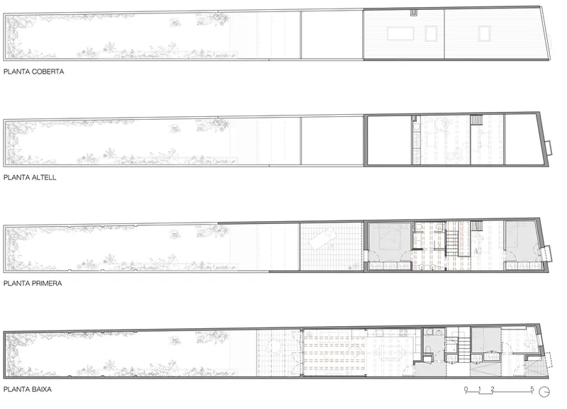 Four-level floor plan drawings showing a narrow linear building with courtyard and stair placement