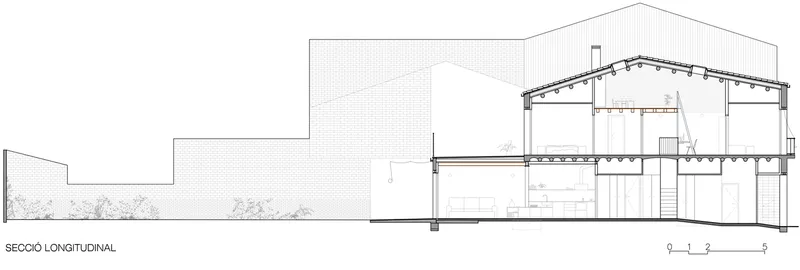 Longitudinal section drawing revealing double-height gabled hall with exposed timber trusses